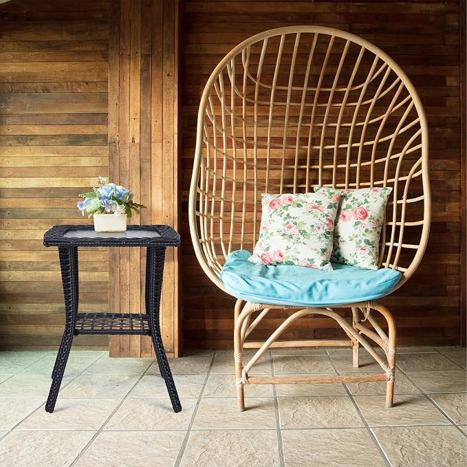 Black Outdoor Wicker Side Table | 2 Tier Rattan End Table with Tempered Glass Top | Space-Saving Bistro Table for Patio, Porch, Balcony, Living Room Balcony Space Saver Small Outdoor Tables