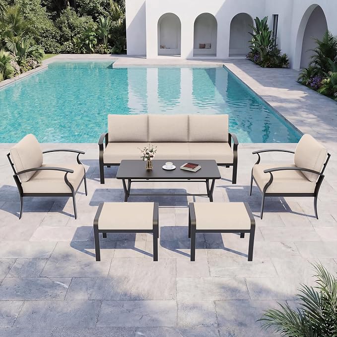 Kurapika Aluminum Patio Furniture Set 5-Seat Modern Outdoor Conversation Sets w/2 Ottomans with Rectangular Coffee Table, Sand