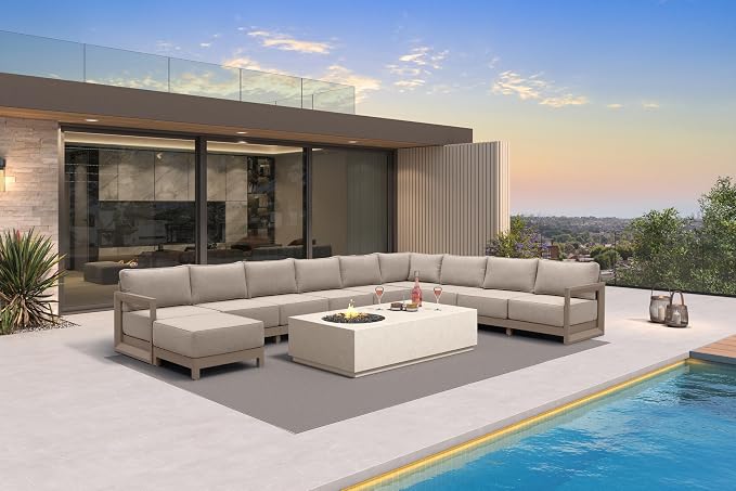 PURPLE LEAF Patio Furniture Set U-Shaped Outdoor Couch with 9.6" Thick Cushion and Pillows 10 Piece Outdoor Sectional Sofas with Ottoman Modern Patio Conversation Sets for Yard Porch Deck, Khaki