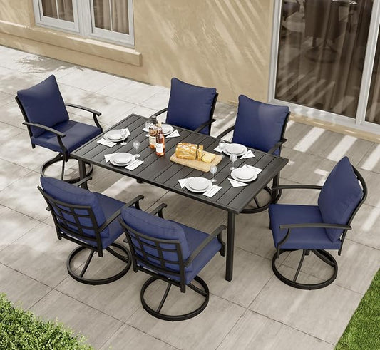 HAPPATIO 7-Piece Patio Dining Set, Outdoor Dining Set with Powder-Coated Metal,Dining Table with Umbrella Hole, 6 Swivel Chairs with Removable Cushions for Porch Poolside Garden,Navy Blue