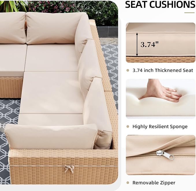 UPHA 7 Pieces Patio Furniture Sets, Wicker Outdoor Sectional Sofa Couch with Coffee Table, Patio Conversation Set for Deck Backyard Garden, Beige Rattan, Beige Cushion