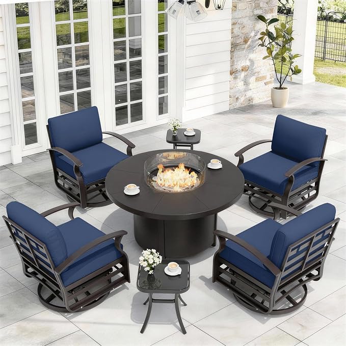 ALAULM Aluminum Patio Furniture Set with Coffee Table Rectangular, 5-seat Outdoor Sectional Furniture w/2 Swivel Chairs, Patio Conversation Set for Porch, Backyard, Dark Blue