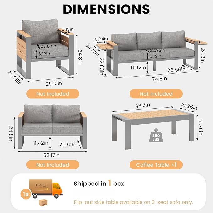 Sundale Outdoor Patio Coffee Table, Rectangular Outdoor Coffee Table with Glitter Shimmer Coated Aluminum Frame and Wood-Like Top, All Weather Deck Table for Patio, Balcony, Deck