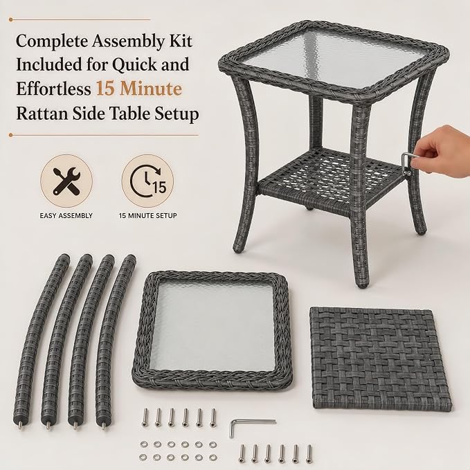 HUMMUH 20-Inch Wicker Patio Side Table with Tempered Glass Top, Grey | Powder-coated aluminum frame, PE rattan, lower storage shelf, 66 lbs capacity, 20x20x22 inches, hardware included