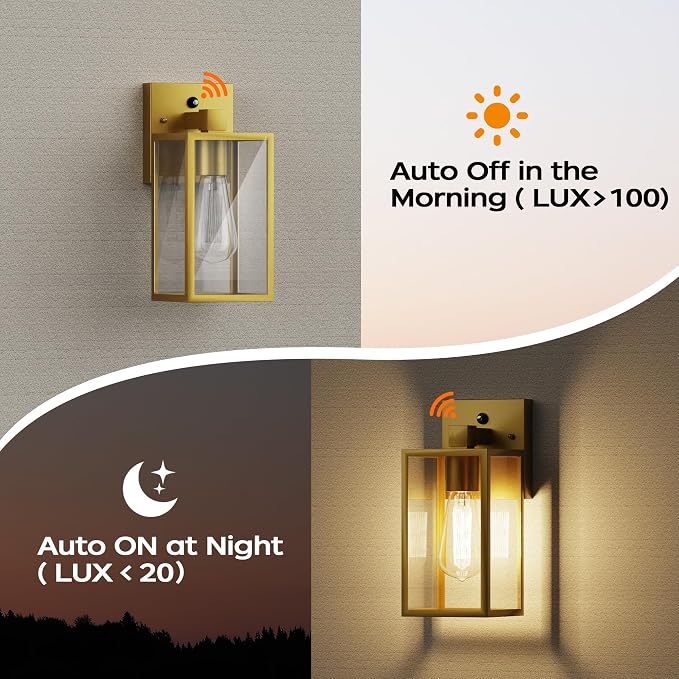 Dusk to Dawn Exterior Lighting Fixtures, Outdoor Porch Light Wall Sconce | 10.65 inch, Anti-Rust Metal Frame, Tempered Glass, E26 Base, Waterproof, Sensor Wall Lantern for Patio, Garage, Entryway