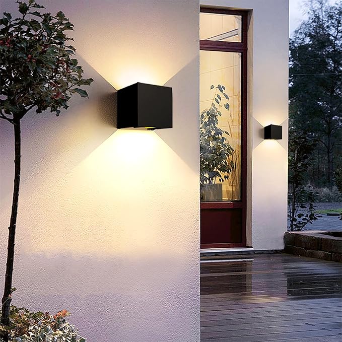 Mille Lucciole 2 Pack LED Outdoor Wall Lights Exterior/Interior, Up and Down Lights IP65 Waterproof Wall Sconces, Square Aluminum Outdoor Wall Lighting Fixtures, Modern Black 12W 3000K Warm Lights