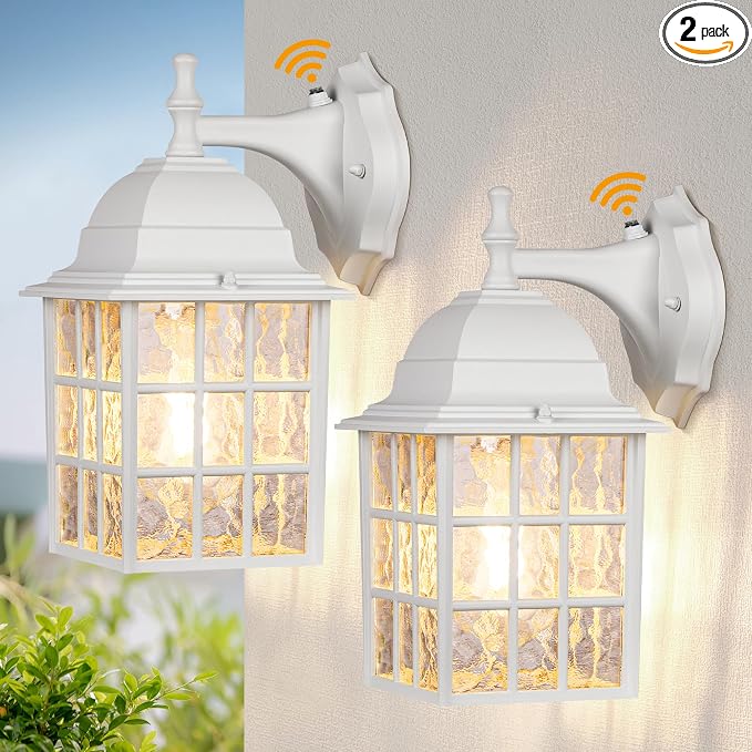 Dusk to Dawn Outdoor Light Fixture, 2 Pack Porch Lights Wall Mount, White | Aluminum Frame, Water Rippled Glass, Waterproof, E26, Sensor Exterior Lighting Fixtures, Wall Sconce For Garage, Front Door