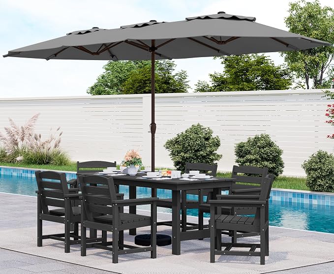 SERWALL 8-Pc HDPE Dining Set, 1 Table, 1 Umbrella & 6 Chairs, Black | Patio Dining Set with Umbrella, 67"Rectangular Table & 6 Chairs & 15FT Umbrella, All Weather Dining Furniture