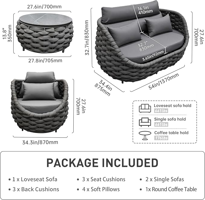 Patio Wicker Conversation Set 4Pcs Dark Grey Rattan Outdoor Sofa Set with Loveseat, 2 Single Chairs & Coffee Table, Weather Resistant Indoor Outdoor Sectional for Backyard Garden Poolside