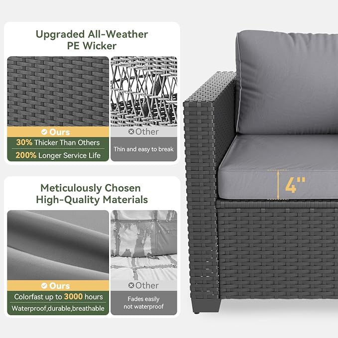 Aoxun Patio Furniture Set with Fire Pit Table, 6 Piece Outdoor Furniture Set with Wicker Ottomans, Rattan Outdoor Sectional Sofa with Thickened Cushion & Waterproof Cover Grey