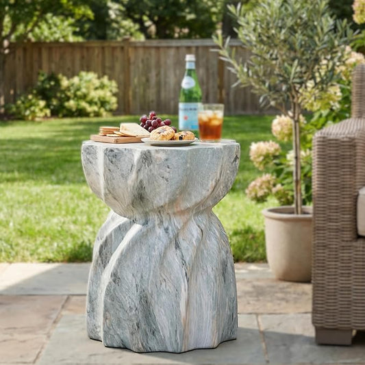Christopher Knight Home 19.29 Inch Modern Outdoor Faux Concrete Side Table, Patio End Table with Fluted Hourglass Design, Accent Table for Garden Balcony Poolside