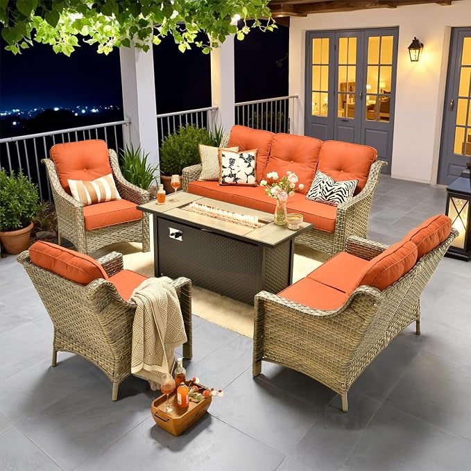 Outdoor Patio Furniture Sets, 5 PCS Patio Conversation Set Outside Rattan Sofa with 54 in Fire Pit Table Comfy Cushions Fit Backyard Porch Garden Poolside Balcony,Orange Red