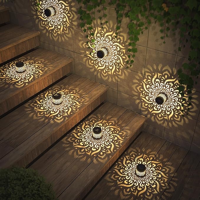 gardencave 2 Pack Solar Fence Lights Metal Solar Powered Outdoor Deck Step Wall Lights Mandala Theme Waterproof Fence Light for Garden Post Patio Backyard Yard Decor (2 Pack)