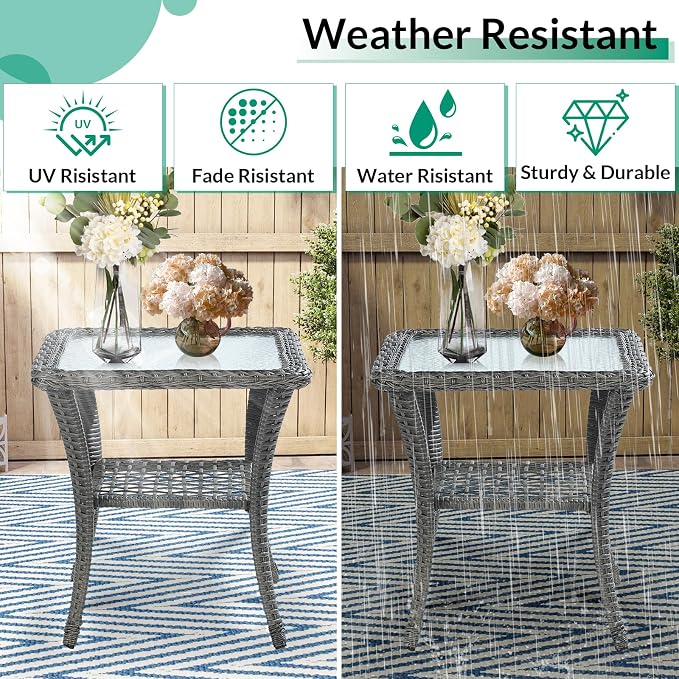 VIVIJASON Outdoor Wicker Side Table, All-Weather Rattan Patio Side Table Bistro Table with 2-Tier Storage, Tempered Glass Top Square End Table for Indoor, Balcony, Garden, Porch, Deck, Gray