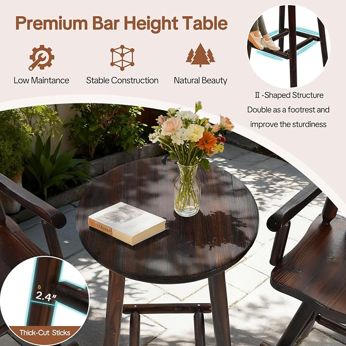 HOMEDIARY Outdoor Solid Wood Bar Table, 41.9” Round Log Patio Bar Counter Height Table, Rustic Adirondack High Top Bar Table, Heavy Duty Bistro Pub Table for Backyard, Deck & Indoor Use, Carbonized