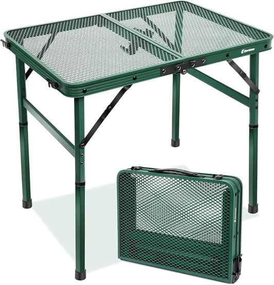 Small 2ft Folding Table with Carry Handle, Adjustable Height 10.6" or 22", Green Metal Mesh, Portable & Compact Indoor/Apartment/Card/Side/Grill Table, 23.6"Lx15.8"W, Lightweight 4 lb, 66 lb Capacity