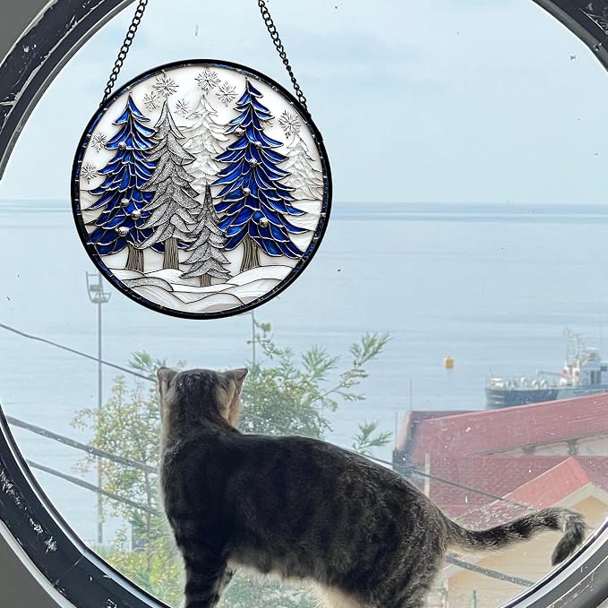 DASTOLL Stained Glass Window Hanging 4 Pcs Set White Winter Christmas Snow Scene Large 15" - Suncatcher Door Garden Sun Catcher Decor Birthday for Mom Woman Nana Men Friend Wife