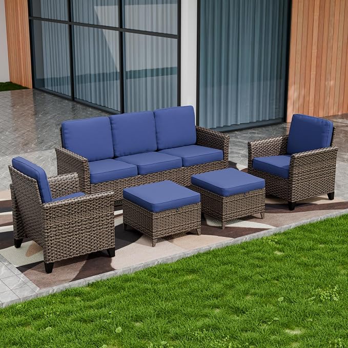 COOS BAY Harbor Retreat 5 Piece Outdoor Furniture Set, Patio Conversation Set with Patio Chairs, 3 Seat Couch and Ottomans, Wicker Furniture, Brown/Blue