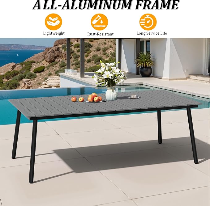83" Patio Outdoor Dining Table for 6-8, Weather-Resistant Wood-Grain Top with Aluminum Frame & Umbrella Hole for Deck Gatherings, Grey
