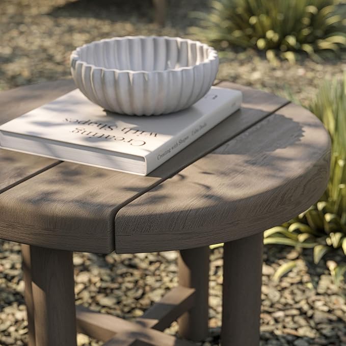 Modway Eleni 20-Inch Outdoor Teak Wood Side Table in Weathered Gray Teak – Round Patio End Table with Slatted Top for Patios, Decks, Or Gardens