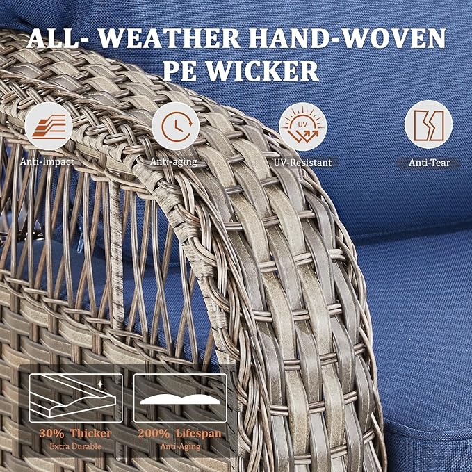 3 PCS Patio Swivel Rocking Chairs Set, Outdoor Wicker Furniture with 5-Inch Thick Olefin Cushions & Rattan Side Table, 360° Swivel Rocker Chairs for Garden, Porch, Backyard, Blue/Gray Wicker