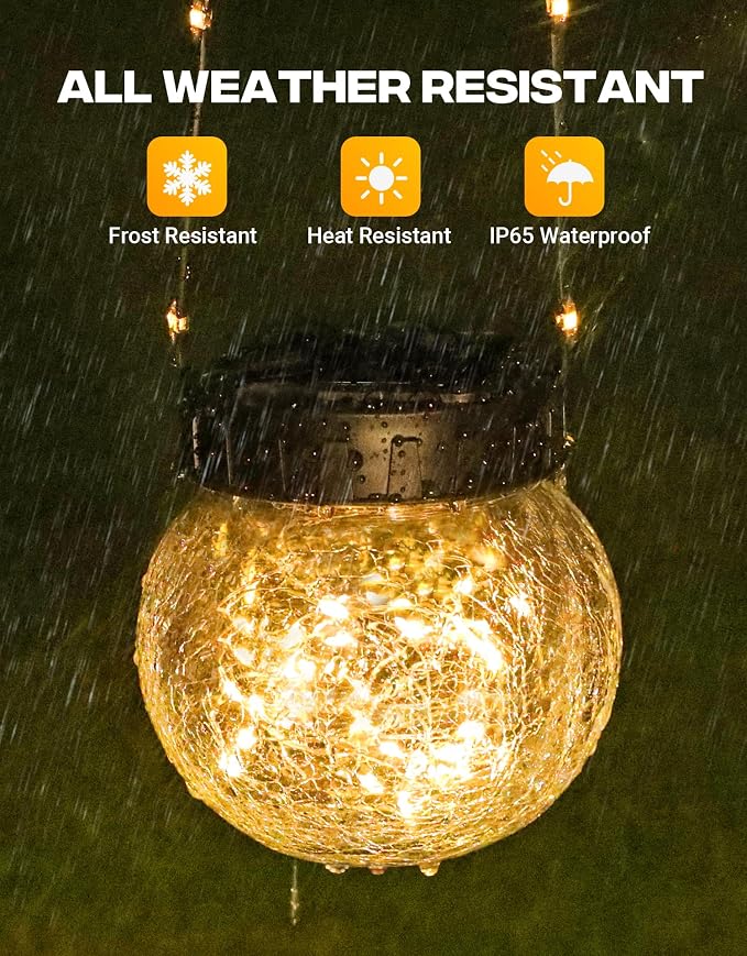 Solar Lights Outdoor Waterproof 24-Pack, Solar Powered Hanging Lantern Cracked Glass Hanging Globes for Yard Decor Christmas Decoration, Shepherd Hook, Garden Tree Table Ornaments, Warm
