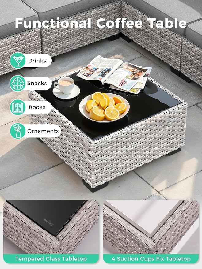 6 Piece Outdoor Wicker Sectional Sofa Set, 5-Seats Patio Furniture Conversation Set with 4" Thickened Cushions & Coffee Table, All-Weather PE Rattan for Garden, Backyard, Porch, Gray