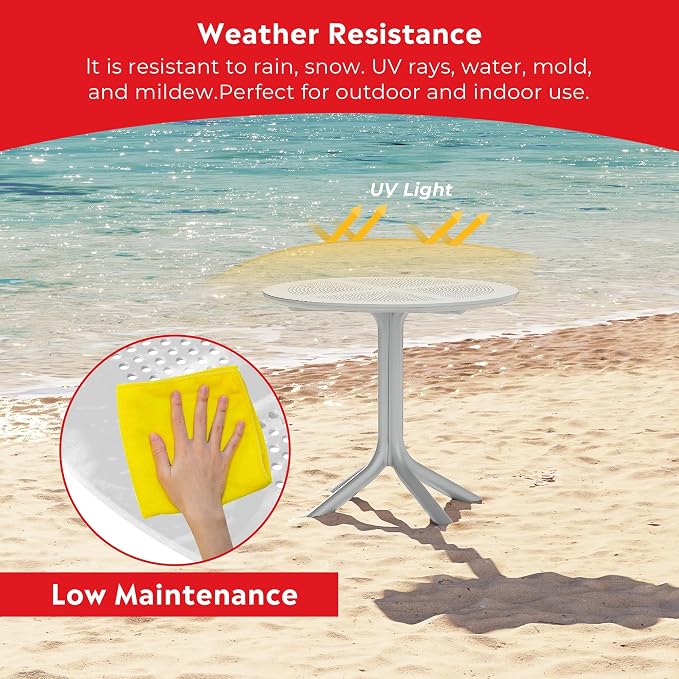 Costaelm Small Patio Table, Outdoor Round Dining Table, Weather Resistant Outside Table for Poolside Deck Lawn Garden Backyard, Gray