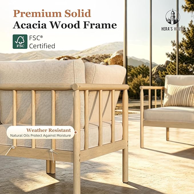 HERA'S HOUSE Patio Furniture,Acacia Wood Outdoor Sectional Sofa with 5.5" Ultra-Thick Cushions,Patio Conversation Set,Lawn Garden Backyard Couch Set with Nesting Tables,Beige