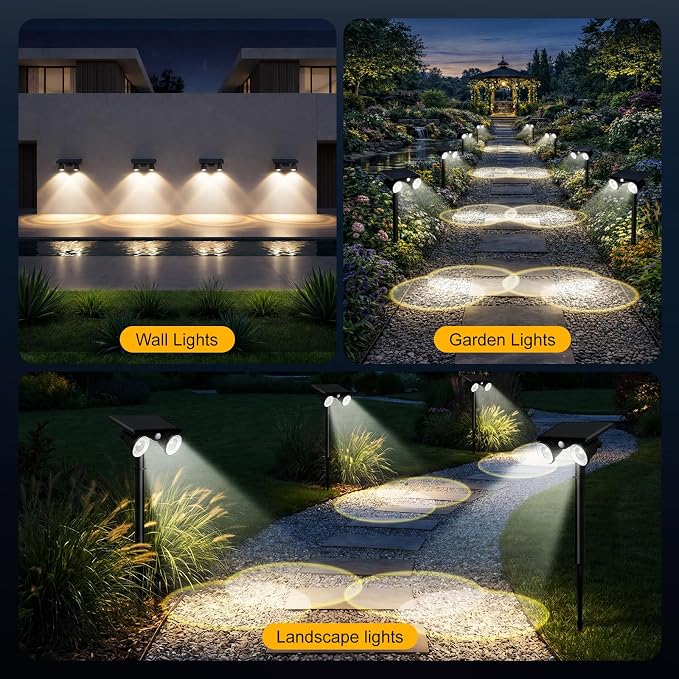 Solar Lights Outdoor Waterproof, Dual Heads Adjustable Solar Spot Lights Outdoor, 2-in-1 Motion Sensor Solar Powered Spotlight Landscape Lighting for Garden, Yard, Pathway- 2 Pack (Cool White)