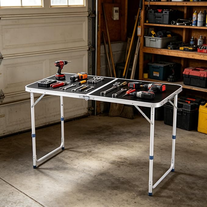Folding Table 4 Foot - 3-Position Adjustable Height, Lightweight Fold-in-Half Utility Table for Outdoor Picnic BBQ Camping Fishing RV Beach, Aluminum Frame, MDF Desktop, with Carrying Handle