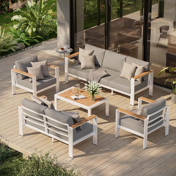 Aluminum Outdoor Patio Furniture Set with Coffee Table, 5 Piece Patio Conversation Sets with Washable Thick Cushions, Patio Sectional Furniture Set for Porch, Balcony, Deck, White