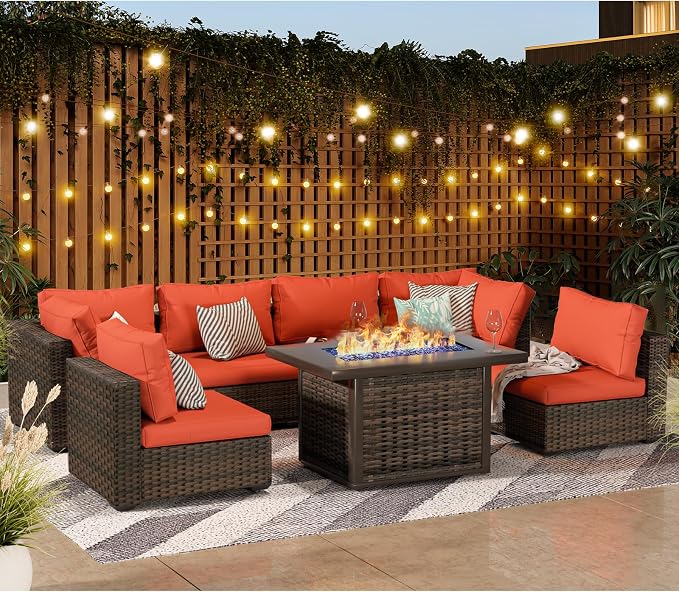 Grezone 9 Piece Patio Furniture Set with 44" Fire Pit Table, Outdoor Sectional Couch, PE Rattan Patio Conversation Sets with 4inch Cushions for Backyard Red
