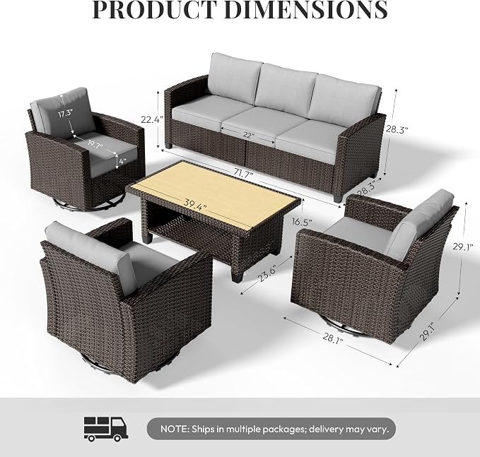 WWR Patio Furniture Set-30% Thicker Wicker-Luxury 5 Piece PatioWicker Outdoor Patio Conversation Set with Extra Wide & Thick Cushions, Swivel Rocking Chairs for Backyard, Porch & Deck