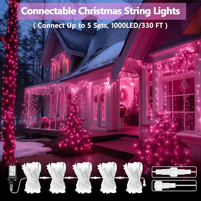 200 LED Connectable String Lights, 66FT Christmas Lights Outdoor Indoor | Pink, 13 Modes, Timer, Clear Wire Waterproof Twinkle Fairy Lights Plug in for Bedroom Classroom Patio Xmas Tree Decor