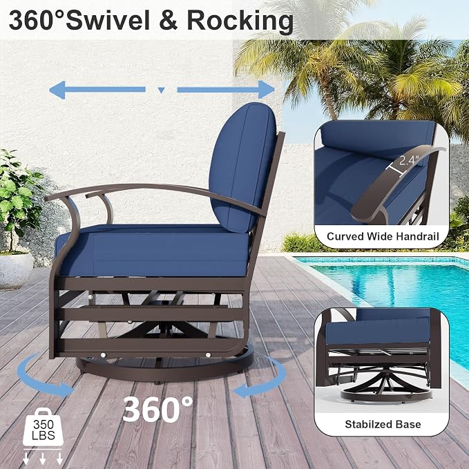 ALAULM Aluminum Patio Furniture Set with Coffee Table Rectangular, 6-seat Outdoor Sectional Furniture w/Swivel Chairs and 2 Ottomans, Patio Conversation Set for Porch, Backyard, Poolside-Dark Blue
