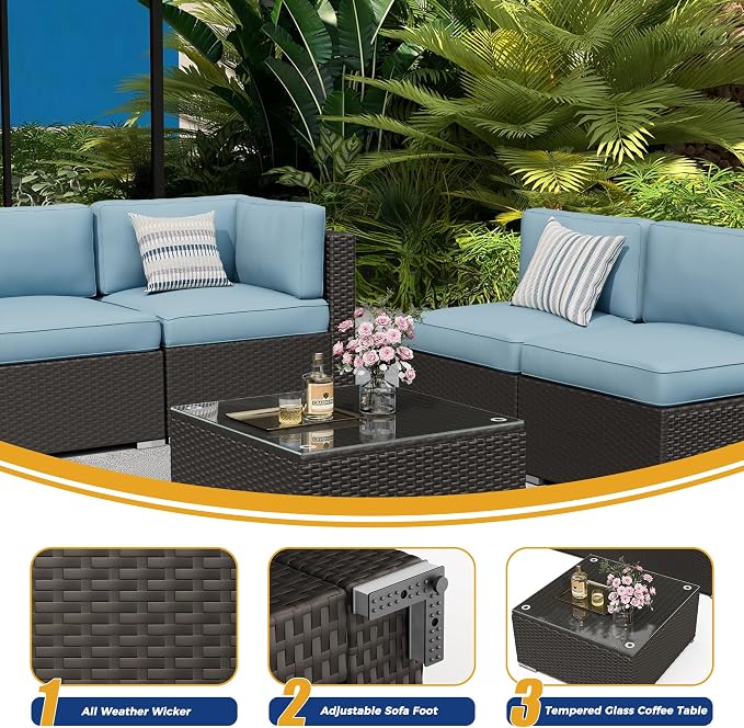 8 Pieces Outdoor Patio Furniture Set with Waterproof Cover, Black Brown Wicker Patio Sectional Sofa Set, Outdoor Couch with Cushion and Tempered Glass Table, Sky Blue