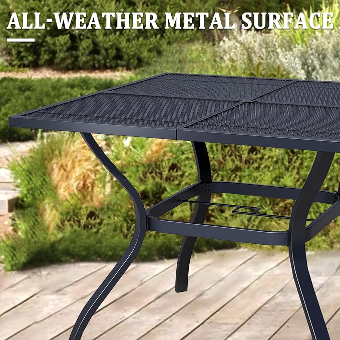 37.5" Square Patio Table with Umbrella Hole, Metal Mesh Outdoor Dining Table for Garden, Backyard and Deck, 4 Person Round Patio Dining Table for Outside, Black