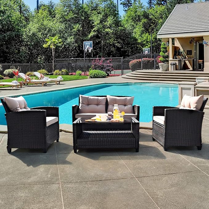 Tangkula 4-Piece Patio Furniture Set, Rattan Wicker Chair Set with 1 Loveseat, 2 Single Sofas, 1 Coffee Table with Tempered Glass Top, Outdoor Furniture Sets for Backyard, Porch, Garden and Poolside