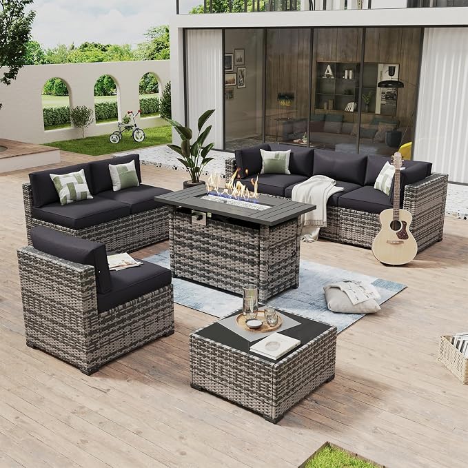 Aoxun 8 Piece Patio Furniture Set with 44” Fire Pit Table Wicker Rattan Outdoor Sectional Sofa Set with Coffee Table and Thickened Cushions, Black