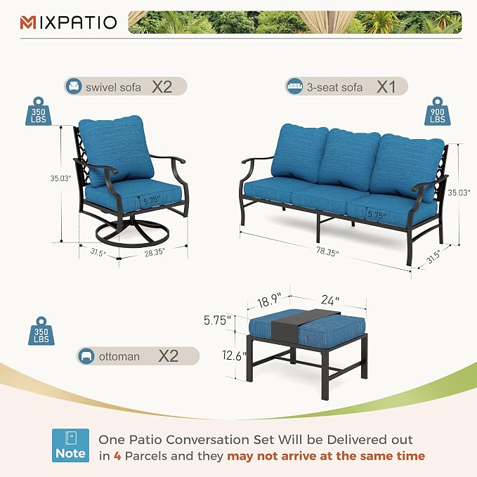 MIXPATIO Patio Furniture Set 5 pcs, Outdoor Patio Furniture, 3-Seat Sofa, 2 Swivel Chairs, 2 Ottomans and 5.75" Extra Thick Cushion, Conversation Set for Backyard Deck,Gemstone Blue