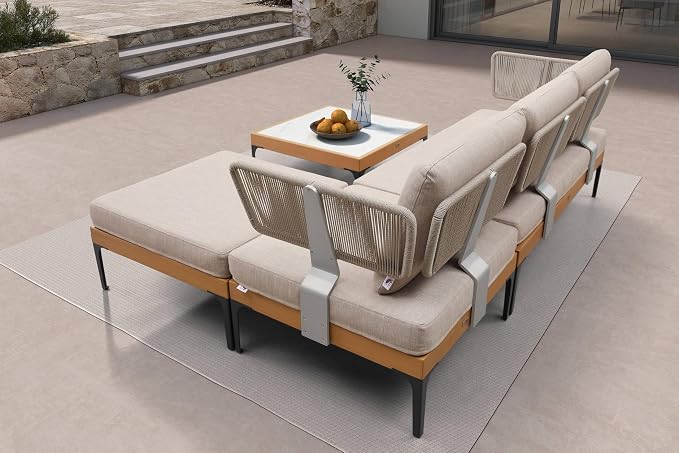 PURPLE LEAF Patio Furniture Set Outdoor Sectional Sofa with Cushions and Pillows Wicker L-Shaped 4 Pieces Aluminum Conversation Sets with Ottoman for Balcony Yard Garden Poolside, Oatmeal Greige