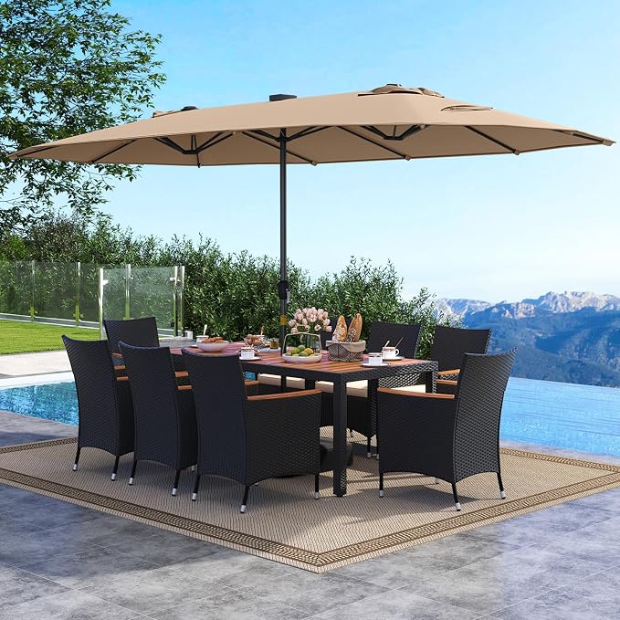 Tangkula 11 Pieces Patio Dining Set with Double-Sided Led Patio Umbrella (Base Included), with 8 Stackable Chairs, Acacia Wood Dining Table and Large Umbrella with Solar Lights (Coffee + Off White)