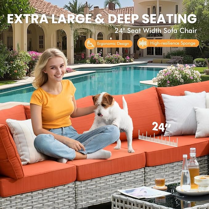 Patio Sectional Outdoor Furniture Set with Swivel Rocking Chairs and Glowing Table,8 Pieces Wicker Conversation Sets Modular Couch Out Door Sofa Outside Furniture for Garden Deck Yard Porch,Orange Red