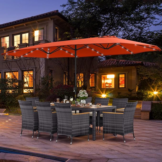 Tangkula 11 Pieces Patio Dining Set with 15 ft Double-Sided Patio LED Umbrella (Base Included), Outdoor Rattan Furniture Set with 8 Armchairs, 1 Rectangular Acacia Wood Dining Table (Orange)