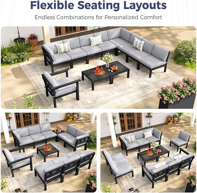 Modular Outdoor Patio Furniture Corner Seat, HIPS All-Weather Outdoor Sectional Sofa with High-Density Thick Cushions, Easy Side Interlock, Patio Seat for Backyard, Balcony, Deck (Black)