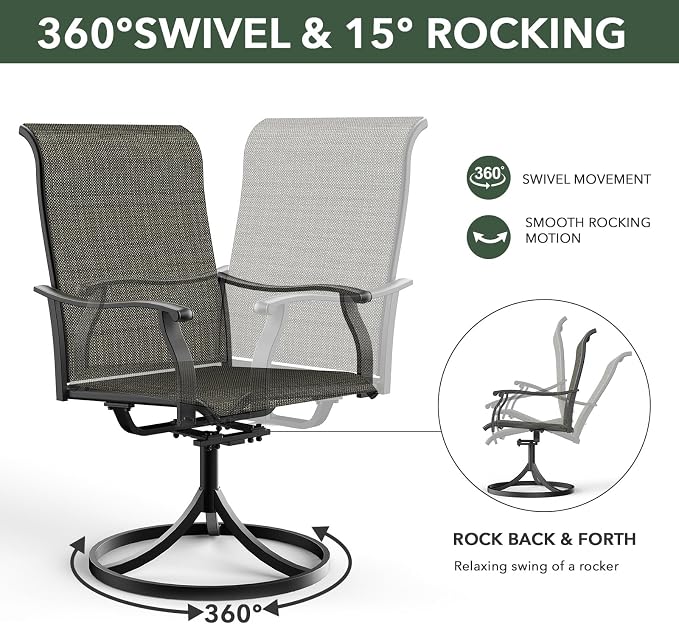 Patio 29" Heigh Rectangle Table and Tan Grey Swivel Chair Dining Set 7 Sty1 | 63"x38" Metal Table, 29" Heigh Table Top,All Weather; 6 Piece Swivel Chairs: High Back,Retro Armrest,Textilene Fabric,Rocking