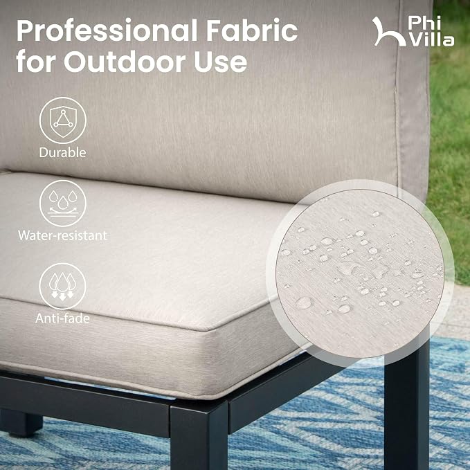 PHI VILLA 7 Pieces Outdoor Patio Furniture Set,Metal Frame Modern Outdoor Sectional Sofa Set,8 Seats Patio Conversation Sets with Coffee Table&Thickened Cushion,for Poolside and Backyard,Light Grey