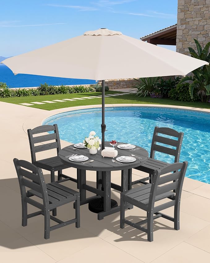 SERWALL 6-Piece Patio Dining Sets, HDPE Outdoor Table and Chairs Furniture Set with Umbrella, 45" Round Dining Table & 4 Armless Dining Chairs & 1 9FT Umbrella, Gray(Not Include Umbrella Base)