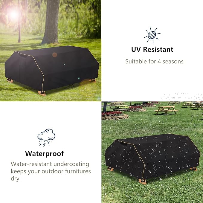 Bitubi 96 Inch Waterproof Picnic Table Cover With Bench Covers,Classic Black Wind Dust Proof Anti-UV, 96”Outdoor Cover For Picnic Table